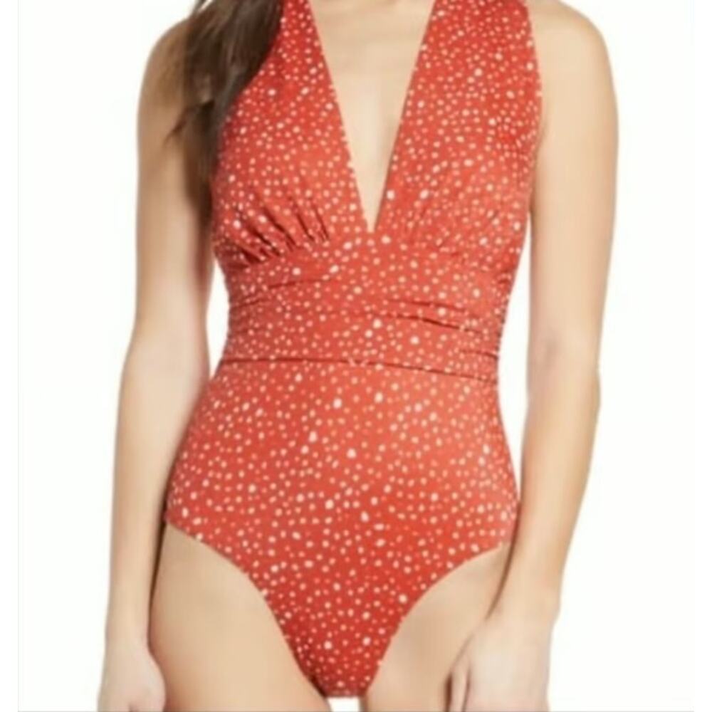 NWT Chelsea28 Women's Small Red Polka Dot Deep Plunge One-Piece‎ Swimsuit